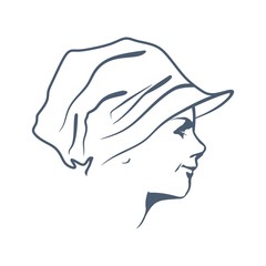 Face profile view. Elegant silhouette of a female head wearing hat. Beautiful woman portrait.