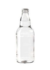 Clear White Glass Heritage Beer, Soda or Cider Bottle with Clear Liquid. 12oz (11oz) or 355ml (330ml) volume. Realistic 3D Mockup Isolated on White Background Close-Up.