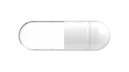 Half Transparent Capsule Pill. Realistic 3D Render Isolated on White Background Close-Up.