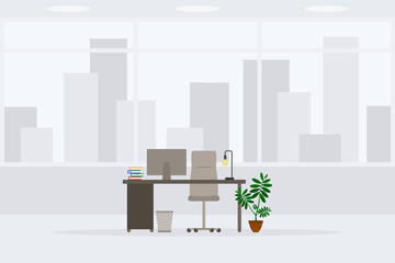 Design of modern empty office working place front view vector illustration. Table, desk, chair, computer, desktop, books, plant, lamp, trash bin isolated on cityscape background
