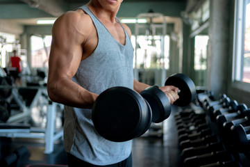 Man Execute Exercise with Dumbbells in Gym.