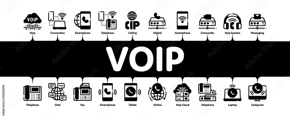Poster voip calling system minimal infographic web banner vector. server for voice ip and cloud, smartphone