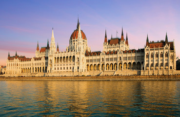 Budapest. Hungary. The building of the Hungarian Parliament.  	It is a majestic building, its architecture combines elements of Gothic and Parisian style. It is one of the most visited attractions of 