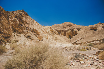 Fototapeta na wymiar Israeli desert landscape photography with sand stone rocks and dry warm environment 