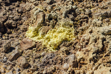 Yellow sulfur crystals at Nisyros volcano
