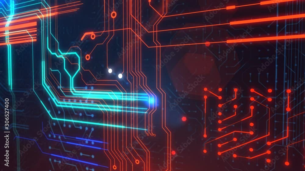 Poster 3d animation of circuit board futuristic server processing. orange, red, blue technology background 