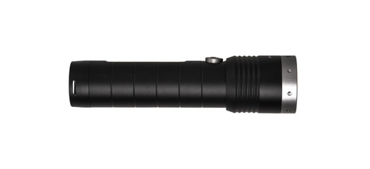 modern black metal flashlight isolated on white