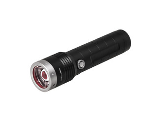 modern black metal flashlight isolated on white