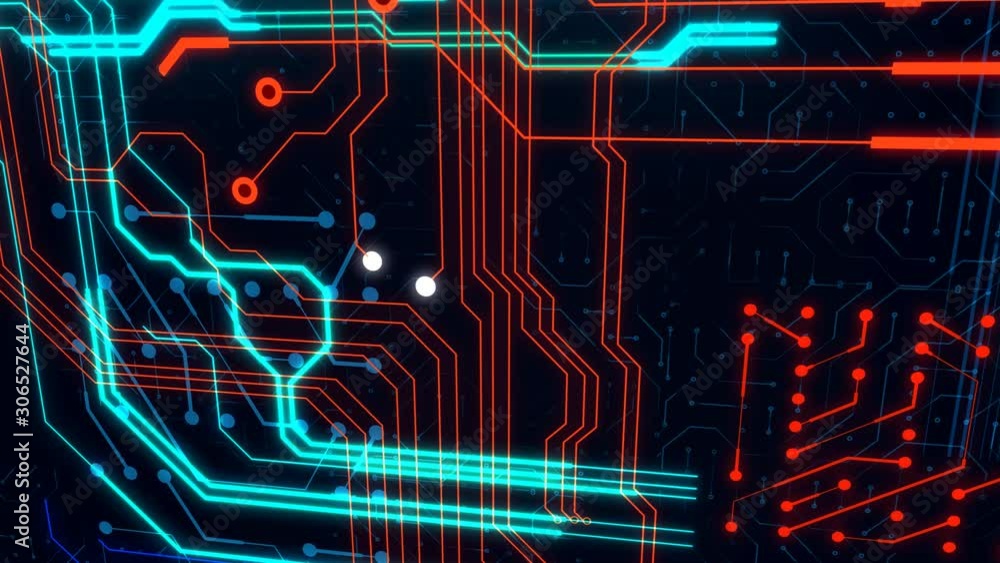 Poster abstract technological animation background made of different element printed circuit board. depth o