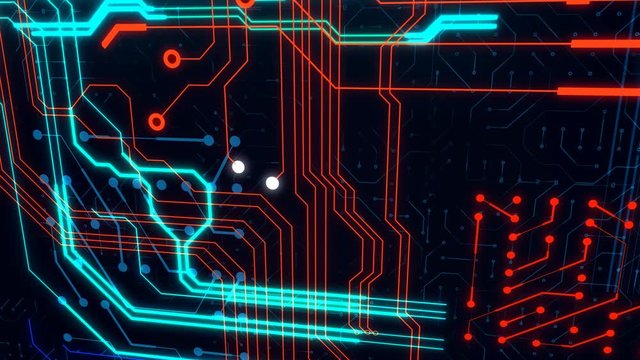 Abstract technological animation background made of different element printed circuit board. Depth of field effect and bokeh. Concept of high tech technology system server.
