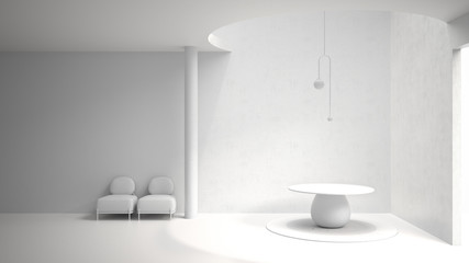 Total white project draft, classic metaphysics interior design, lobby, hall, round table and pendant lamp, armchairs, living, empty space, stucco walls, architecture concept project