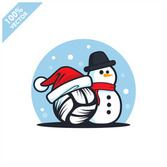 Volleyball ball santa hat with snow man logo vector