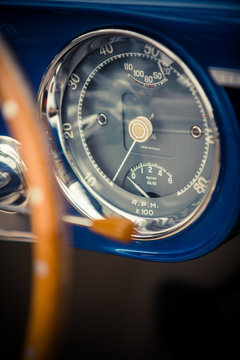 Speedometer on a vintage car's dashboard