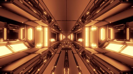 futuristic si-fi space hangar tunnel corridor with hot glowing lights 3d illustration wallpaper background