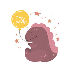 Beautiful cartoon illustration with colorful birthday dinosaur with balloon on blue background for celebration design.