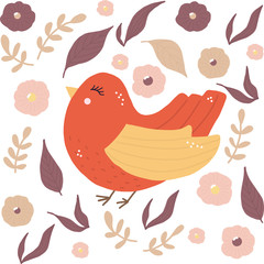 Retro wedding invitation with leaves, flowers and spring bird