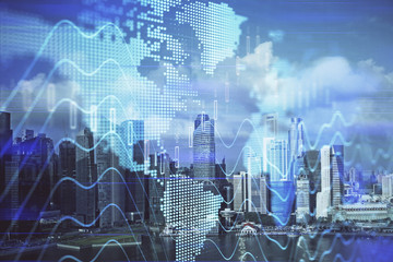 Forex chart on cityscape with skyscrapers wallpaper multi exposure. Financial research concept.