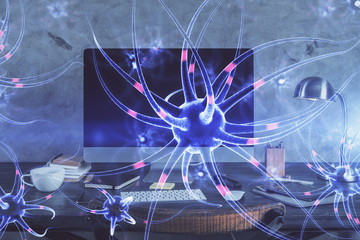 Desktop computer background and neuron drawing. Double exposure. Education concept.