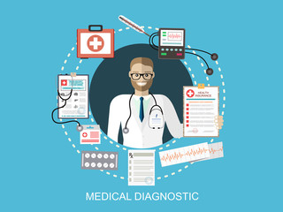 Doctor showing diagnoses with mediacal first aid kit with different pills and medical devices, patiend card with pen, Pill and care healthy, healthcare. vector illustration in flat style.