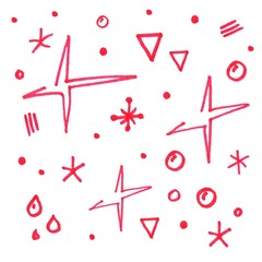 Doodle hand drawn collection of design element. Pink or red color. Stylized stars, snowflakes, circles, drops, stripes and dots. Use for concept design
