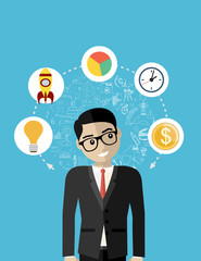 Businessman or office worker invents ideas,vector illustration