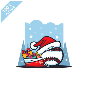 Baseball ball santa hat with christmas gift bags logo vector