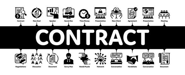 Contract Minimal Infographic Web Banner Vector. Human Silhouette And Hands, Handshake And Agreement Contract Document With Pen Concept Illustrations