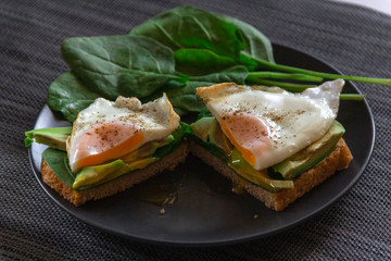 avocado sandwich with poached egg and spinach