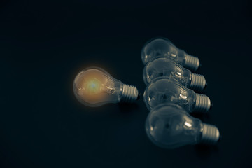 Light bulbs with bright light concetp for creativity, knowledge and organizational leadership.