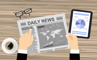 Business man reader Newspapers with a cup of coffee. Flat design style.