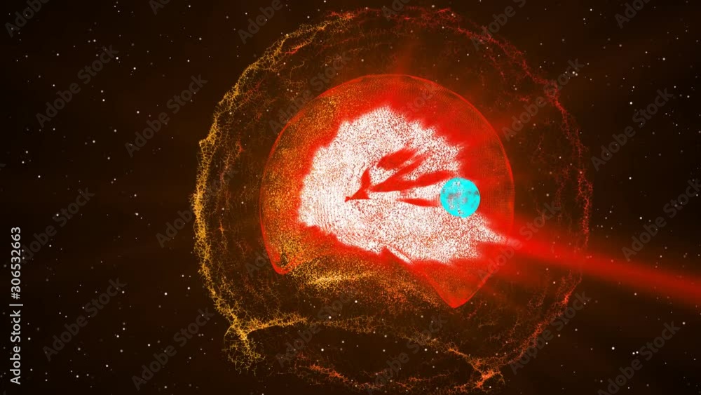 Poster 3d rendering of rotating of red shining dotted shperes in outer space. over it rotates another small