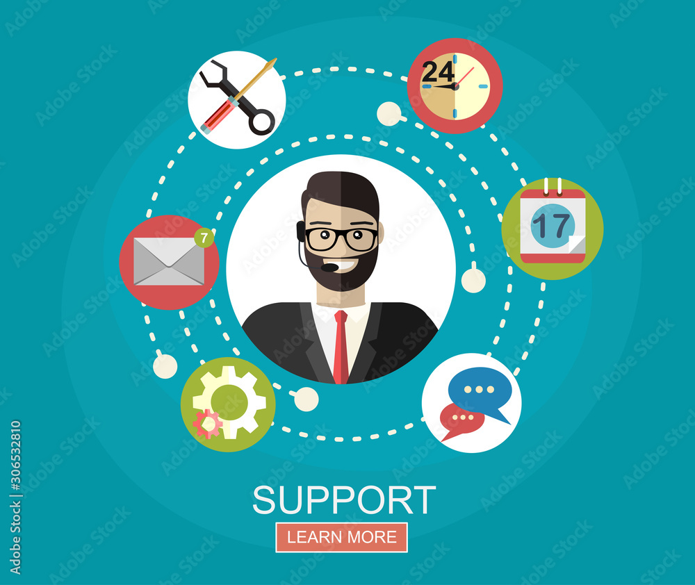 Poster business customer care service concept flat icons set of contact us support help desk phone call and