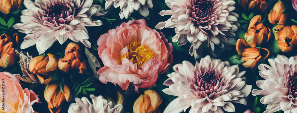Wall mural vintage bouquet of beautiful flowers on black. floral background. baroque old fashiones style. natur