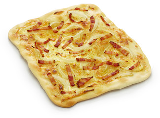 traditional alsatian pie, tart flambe, flammekueche, bacon onion cream cheese pizza