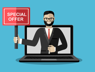 Businessman out of screen monitor. Hand holds sign with Special offer words