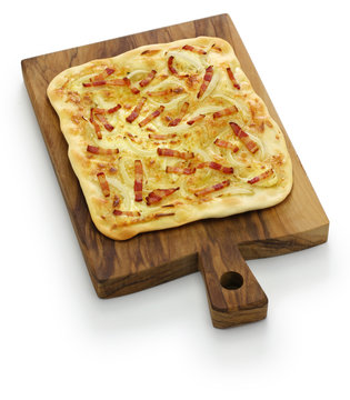 traditional alsatian pie, tart flambe, flammekueche, bacon onion cream cheese pizza
