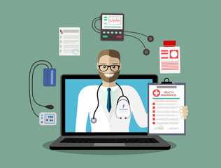 Fototapeta na wymiar Doctor out of screen monitor. Computer service health. Modern flat design concepts