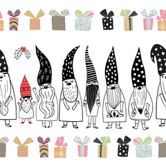 The cute nordic gnomes in black scandinavian vector style illustration. For any purpose in Christmas holidays.