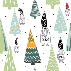 Wall murals Scandinavian style The elegant colorful scandinavian Christmas nordic gnomes and trees seamless pattern for greeting packing