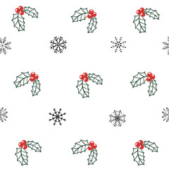 Christmas red berry and plants and snowflake's seamless pattern.  Minimalist repeat surface holiday design.