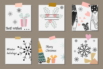 Set wish tag christmas invitation cute nordic gnomes, snowflakes, gifts .Cover december design with scandinavian elements.