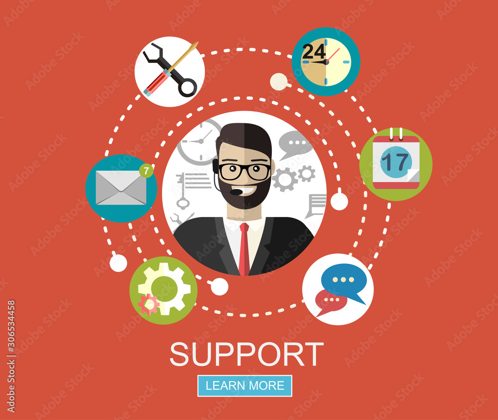 Aufkleber Business customer care service concept flat icons set of contact us support help desk phone call and website click for infographics design web elements vector illustration.