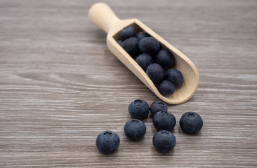 Blueberries in a wooden scoop on the kitchen table