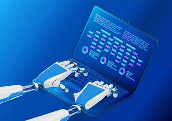 Technological concept. Automation, analysis and methods of solving tasks with the help of artificial intelligence. Robot hands typing on the computer.