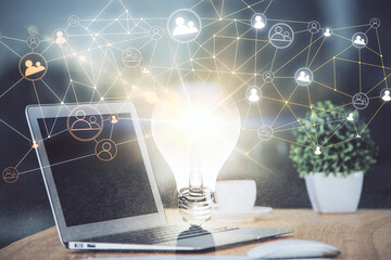 Computer on desktop with social network theme icon. Multi exposure. Concept of international...