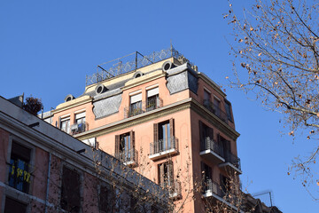 Detail of Balconies and Roof Garden Tower of Old Apartment Block 3653-039