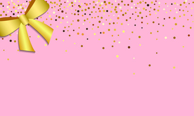 Holiday banner Merry Christmas and Happy New Year. Christmas design, snowflake, shiny golden confetti on a pink background. Festive horizontal poster