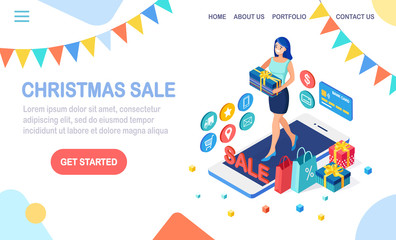 Online shopping concept. Woman buy presents in retail shop by internet. Discount christmas sale. 3d isometric mobile phone, smartphone with money, credit card, gift box, bag, package. Vector design