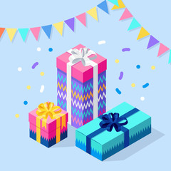 Christmas sale. 3d isometric gift box, present with ribbon, bow, festive flags isolated on white background. Xmas shopping concept. Surprise for anniversary, birthday, wedding. Vector cartoon design