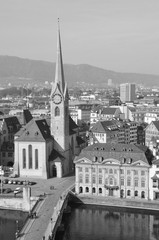 The old town of Zürich with the Frauminster-church from the opposite Grossminster-Tower